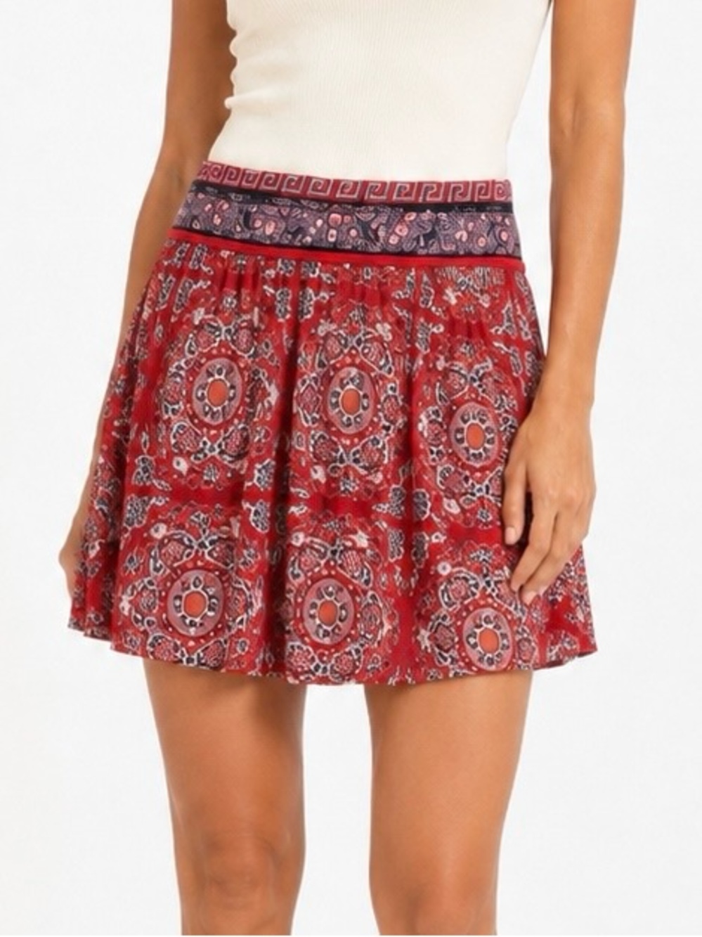 Max Studio Size S Red Medallion Floral Print Stretch A-Line Midi Skirt